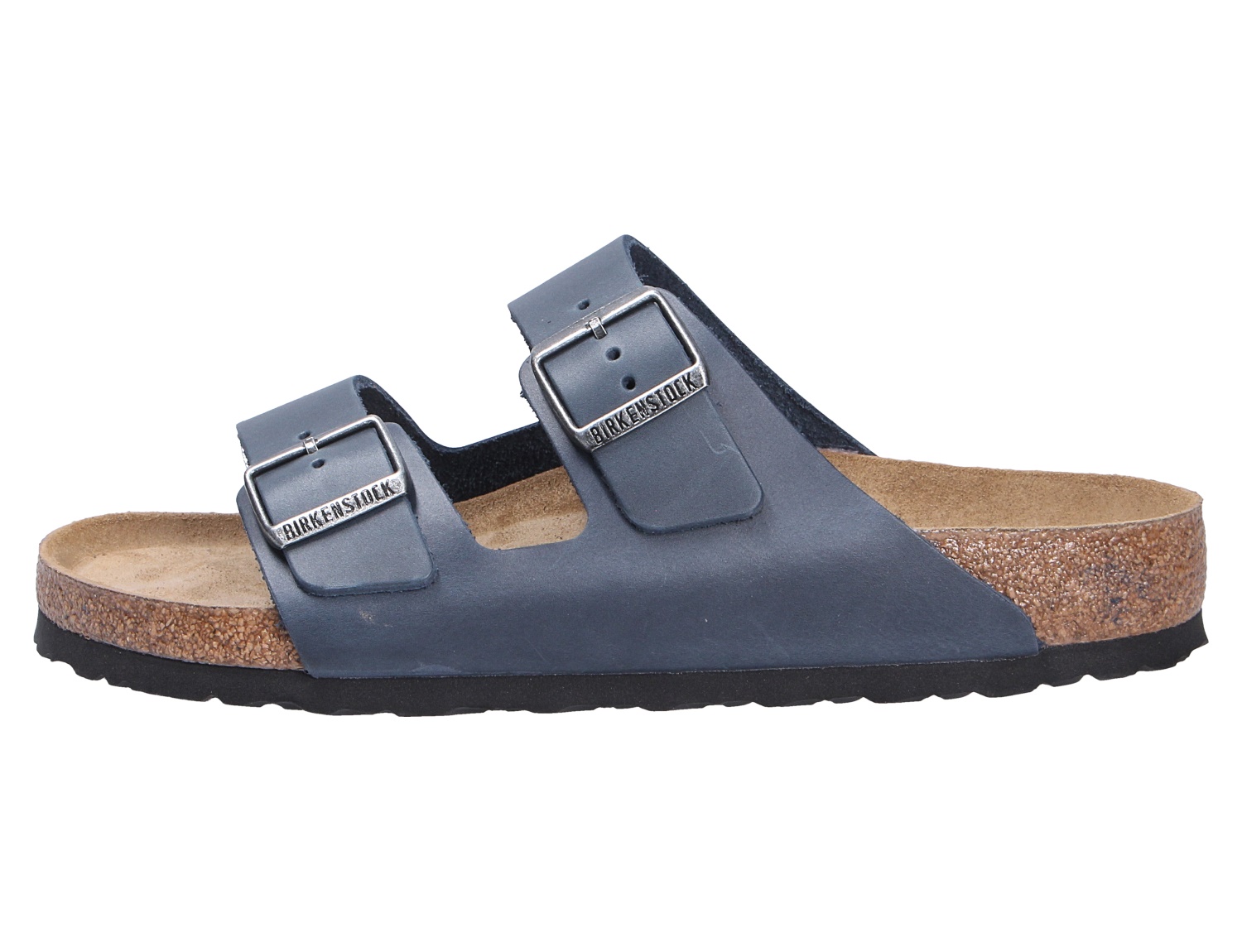 Birkenstock Arizona SFB Pantolette in Blau, Seitenansicht mit zwei verstellbaren Riemen, Soft-Fußbett und Korksohle aus hochwertigem Fett-Nubukleder