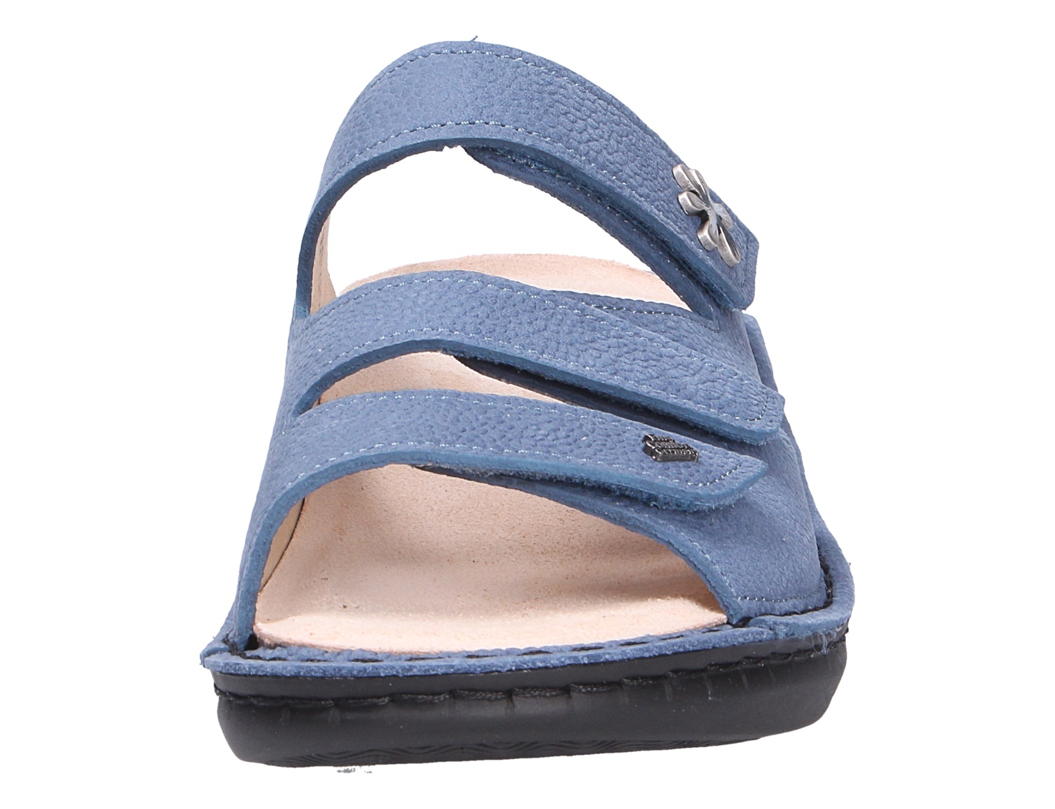 Finn Comfort GRENADA Damen-Sandale in Blau, Vorderansicht mit drei Klettverschlüssen und bequemer Laufsohle