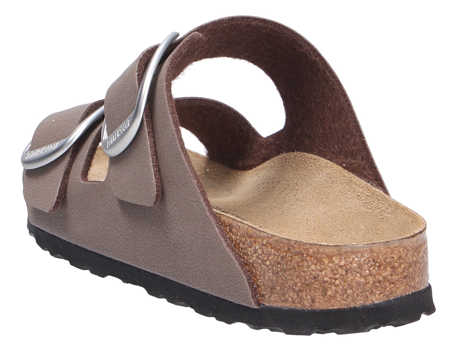 Birkenstock Arizona Big Buckle Pantolette in Braun mit zwei breiten Riemen, großen silbernen Schnallen und Kork-Latex-Sohle