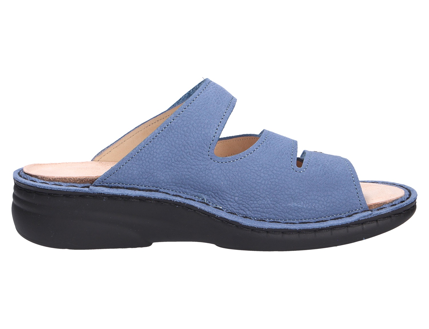 Finn Comfort GRENADA Damen-Pantolette in Blau, offene Komfort-Sandale aus Leder mit Keilsohle und seitlicher Ansicht