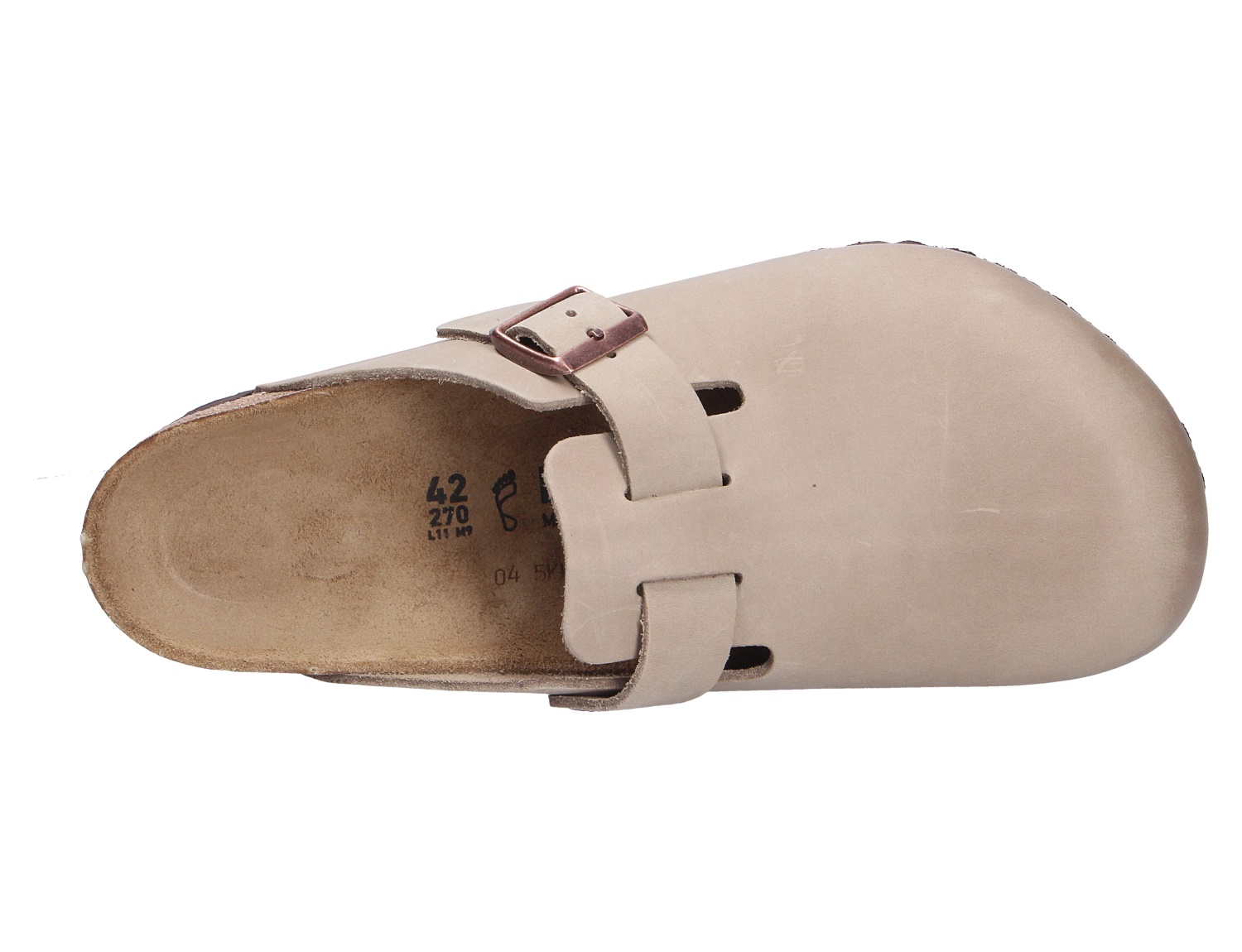Birkenstock Boston Clog in Beige aus der Draufsicht, geschlossenes Obermaterial mit verstellbarer Schnalle und geformtem Fußbett