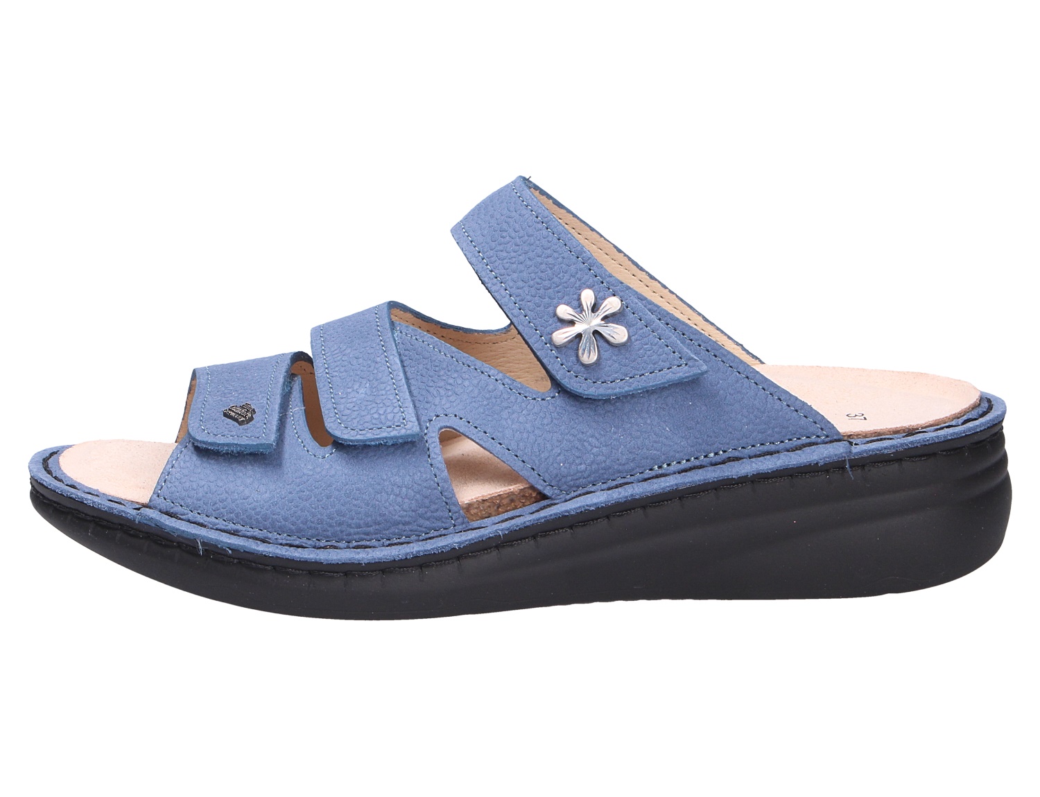 Finn Comfort GRENADA Damen-Pantolette in Blau, bequeme Leder-Sandale mit drei Klettverschlüssen, schwarzer Sohle und Blumenapplikation