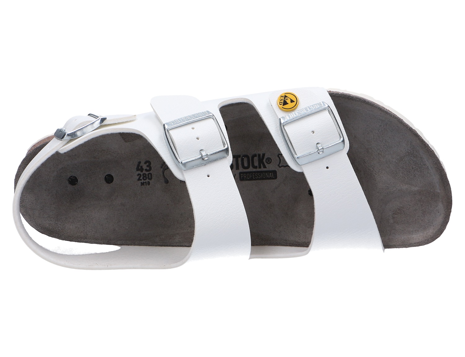Birkenstock Milano BS ESD Herren-Sandale in Weiß, offene Berufssandale mit Fersenriemen, drei verstellbaren Schnallen und ESD-Schutz für kühlen Komfort und sicheren Halt an langen Arbeitstagen