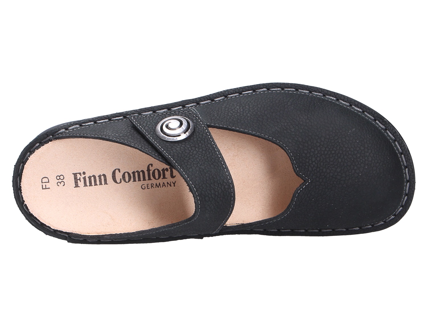 Draufsicht der schwarzen Finn Comfort CANARO Damen-Pantolette mit breitem Riemen, Zierknopf und bequemem Fußbett