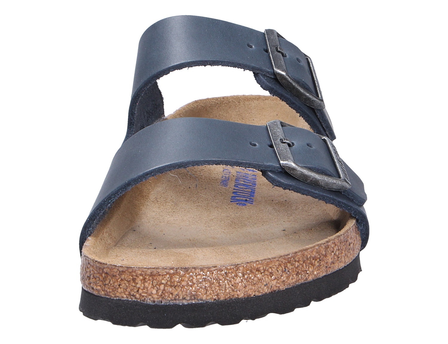 Birkenstock Arizona SFB Pantolette in Dunkelblau, Frontansicht mit zwei verstellbaren Riemen, softem Fußbett und robuster Korksohle aus Fett-Nubukleder