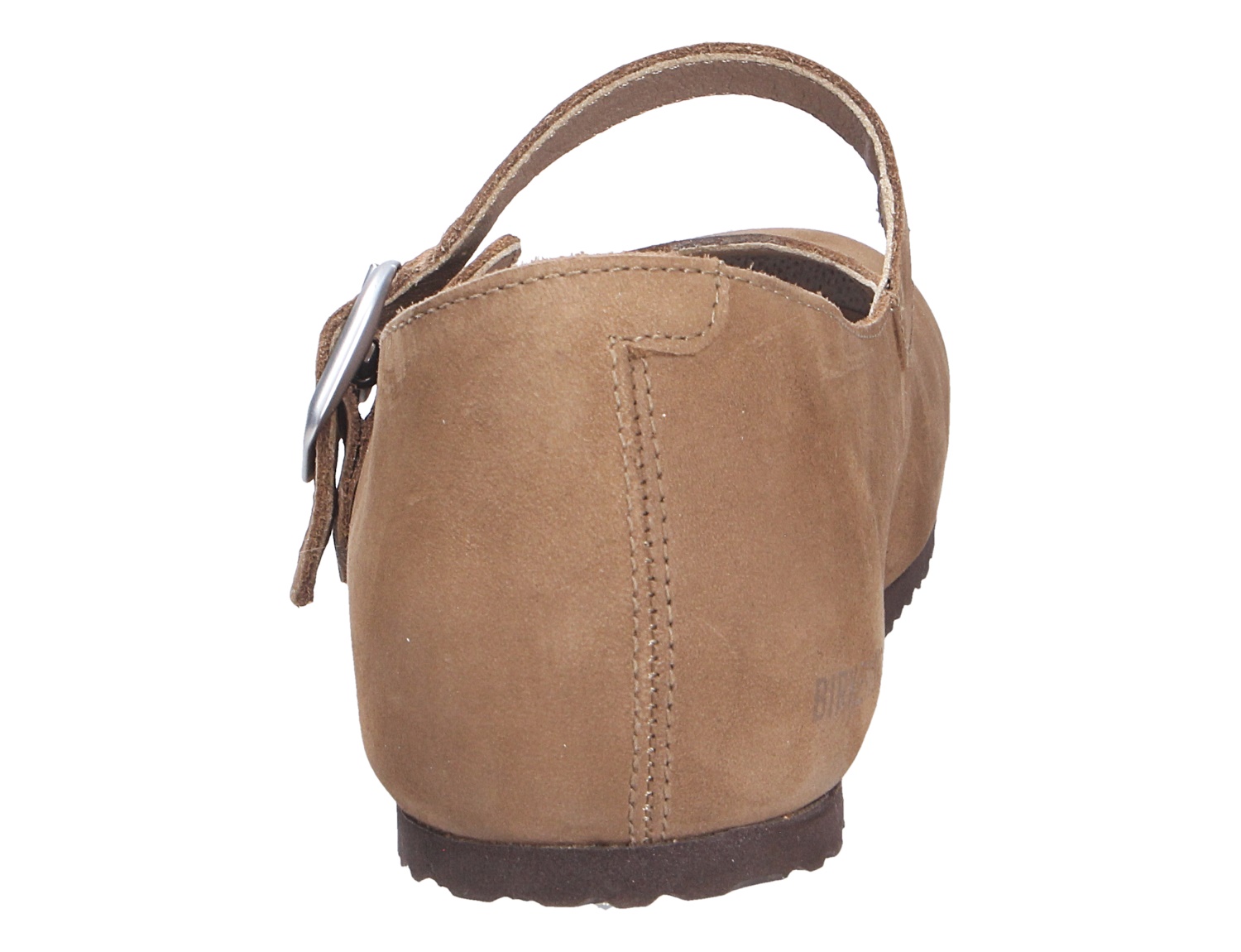 Rückansicht der Birkenstock Santa Clarita Damen-Sandale in Braun mit verstellbarem Fersenriemen und Nubukleder