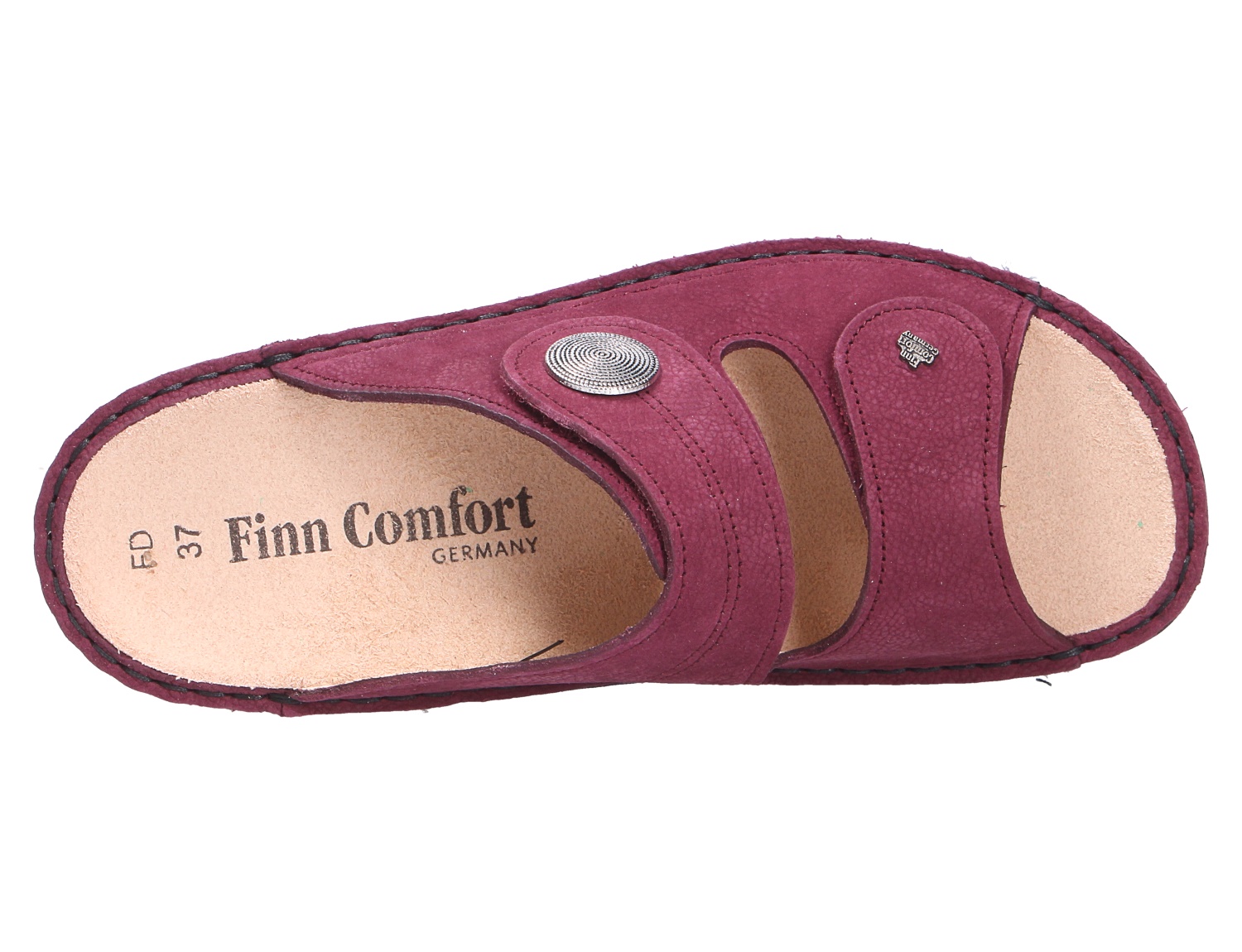 Finn Comfort SANSIBAR Damen-Pantolette in Bordeaux mit zwei breiten Riemen und Komfortfußbett, Draufsicht
