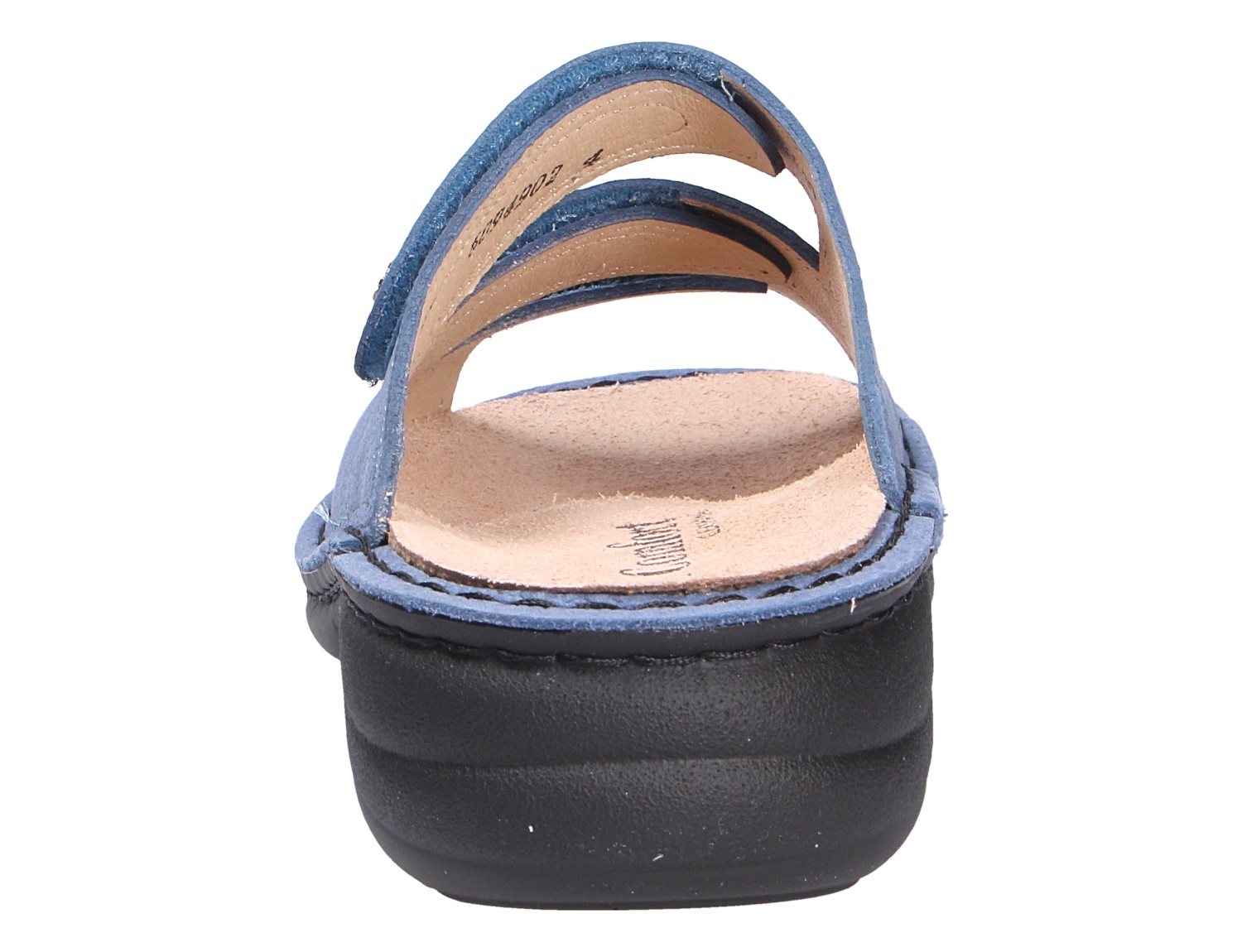 Rückansicht der blauen Finn Comfort HELLAS Sandale mit Klettverschluss-Riemen, Fußbett und schwarzer Laufsohle