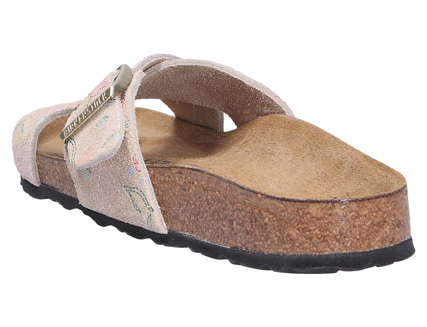 Birkenstock Siena Damen-Pantolette in Beige mit floralem Muster, zwei Riemen und anatomischem Kork-Latex-Fußbett