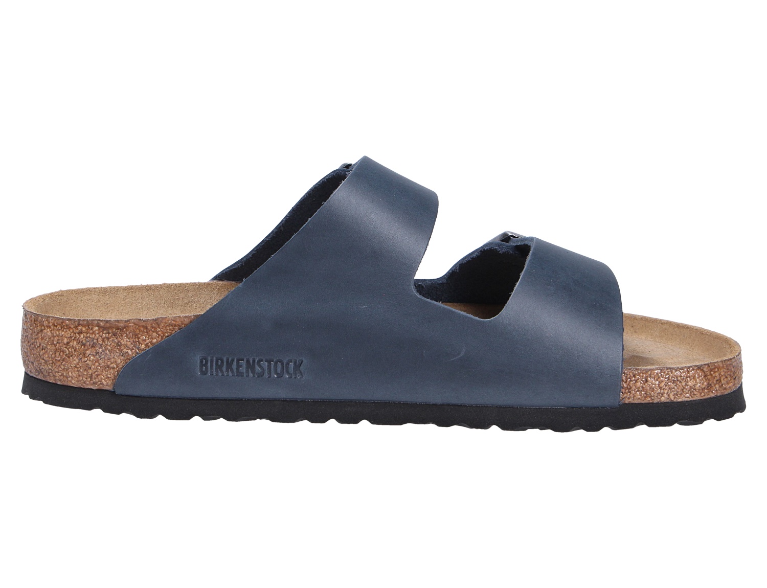 Birkenstock Arizona SFB Pantolette in Dunkelblau aus Fett-Nubukleder mit zwei Riemen, Kork-Latex-Fußbett und schwarzer Laufsohle in der Seitenansicht