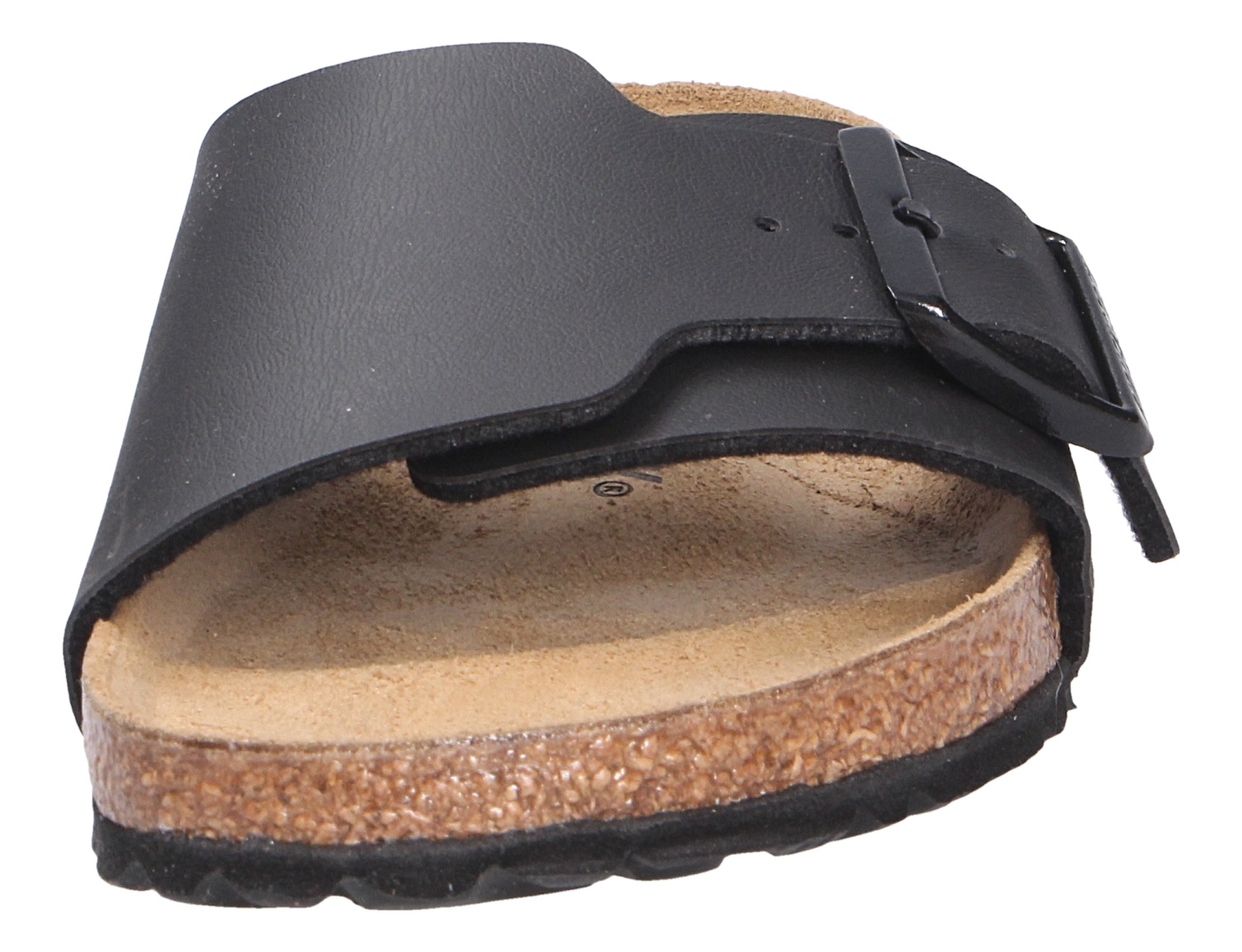 Birkenstock Catalina schwarze Pantolette aus Birko-Flor mit großer Schnalle und anatomischem Kork-Latex-Fußbett in Nahaufnahme