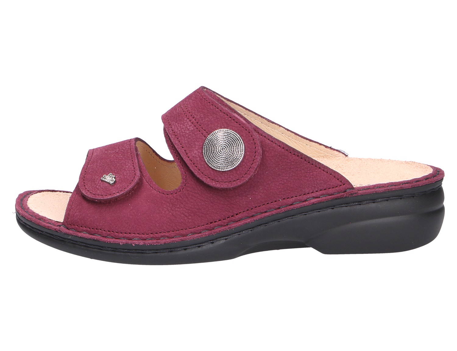 Finn Comfort SANSIBAR Damen-Pantolette in Bordeaux, bequeme Leder-Pantolette mit zwei Klettverschlüssen und schwarzer Sohle