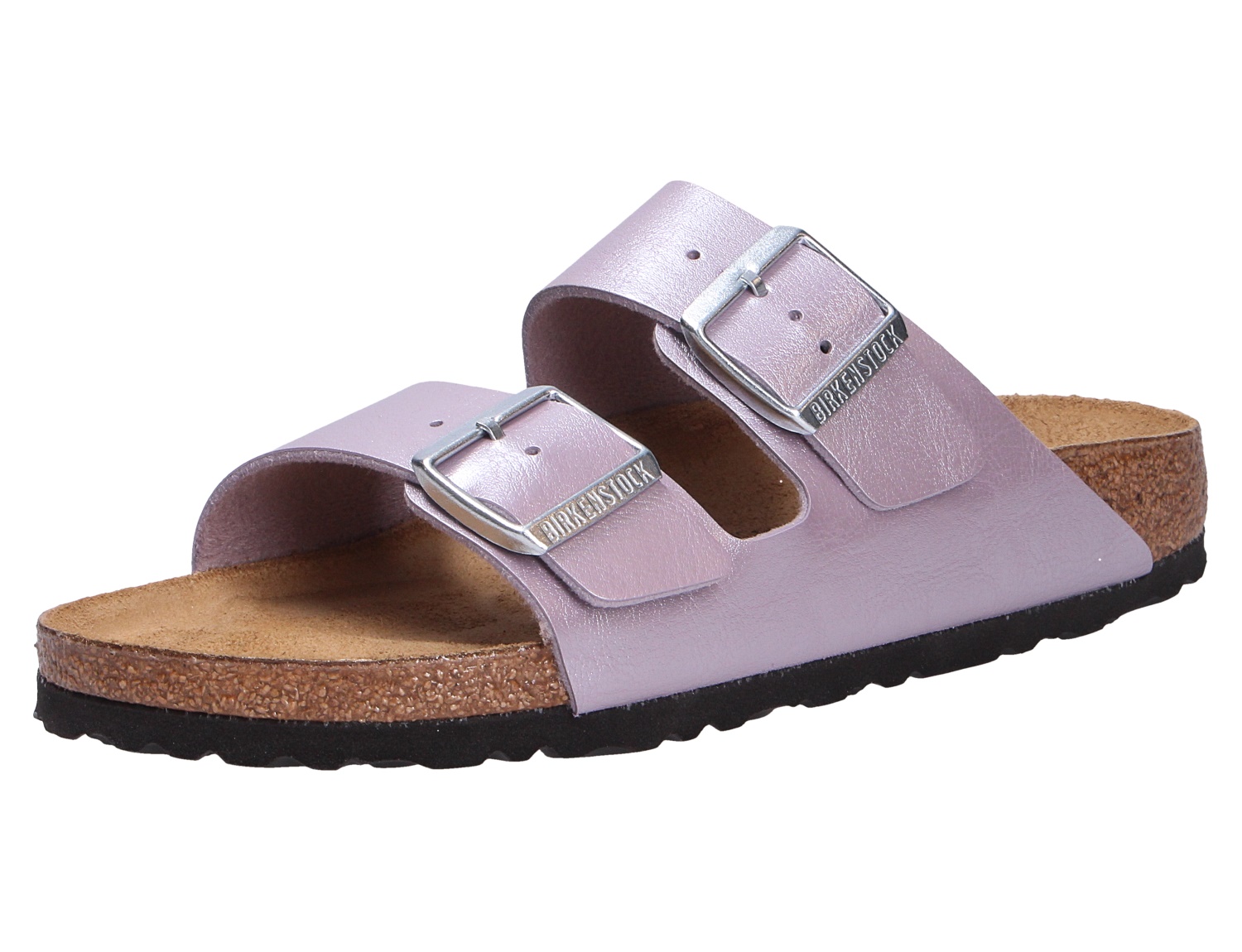 Birkenstock Arizona Sandale in schimmerndem Flieder, offene Pantolette mit zwei verstellbaren Riemen, Kork-Latex-Fußbett und schwarzer Laufsohle