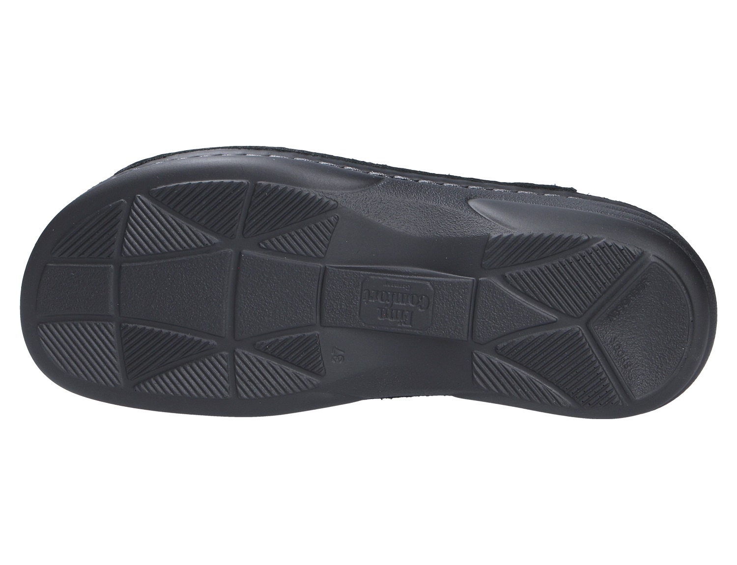 Unteransicht der schwarzen Profilsohle des Finn Comfort HELLAS Schuhs mit rutschhemmendem Laufsohlenprofil