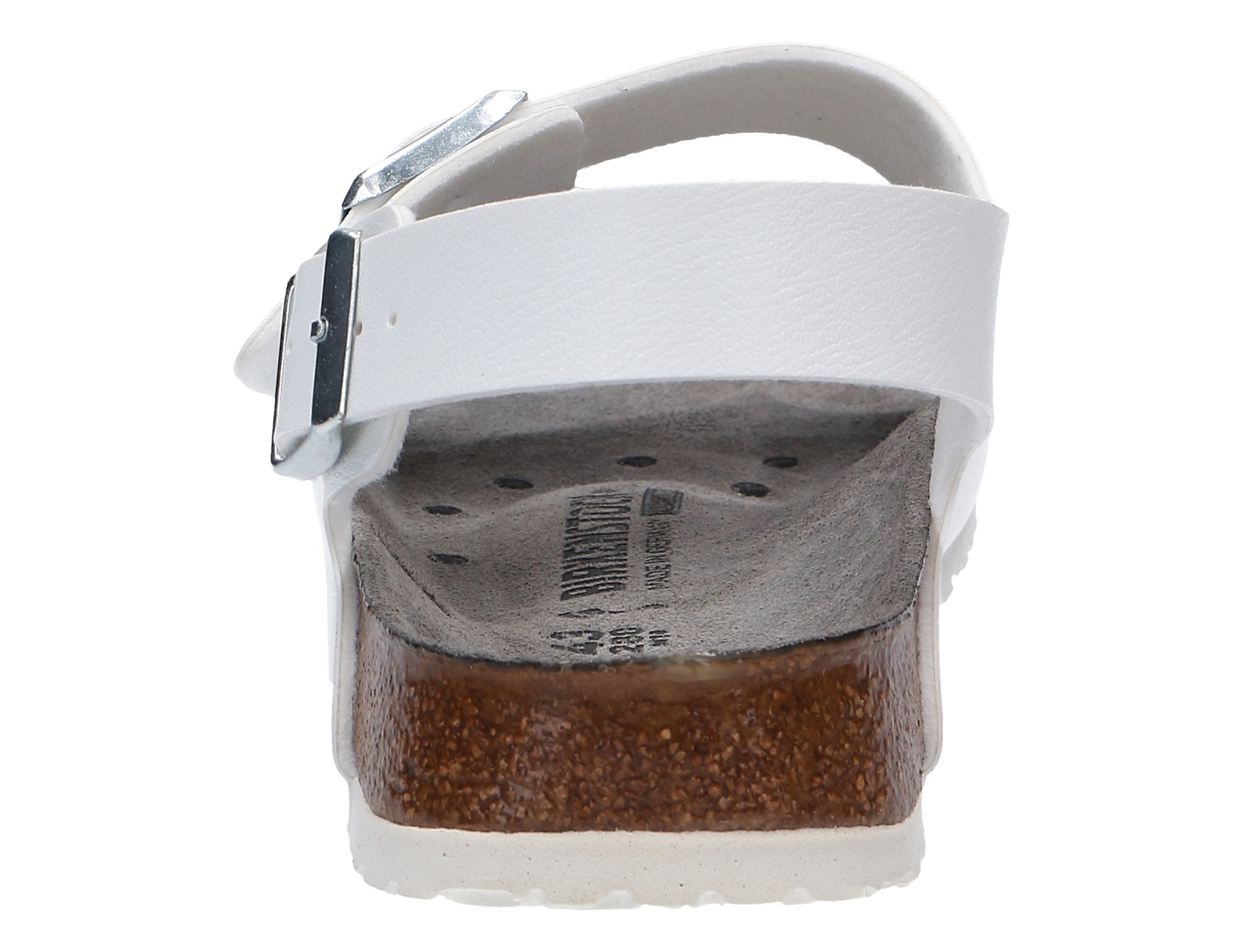 Birkenstock Milano BS ESD Herrensandale in Weiß, Ansicht von hinten mit Fersenriemen, Schnalle und komfortablem Kork-Latex-Fußbett für luftigen Halt an langen Arbeitstagen