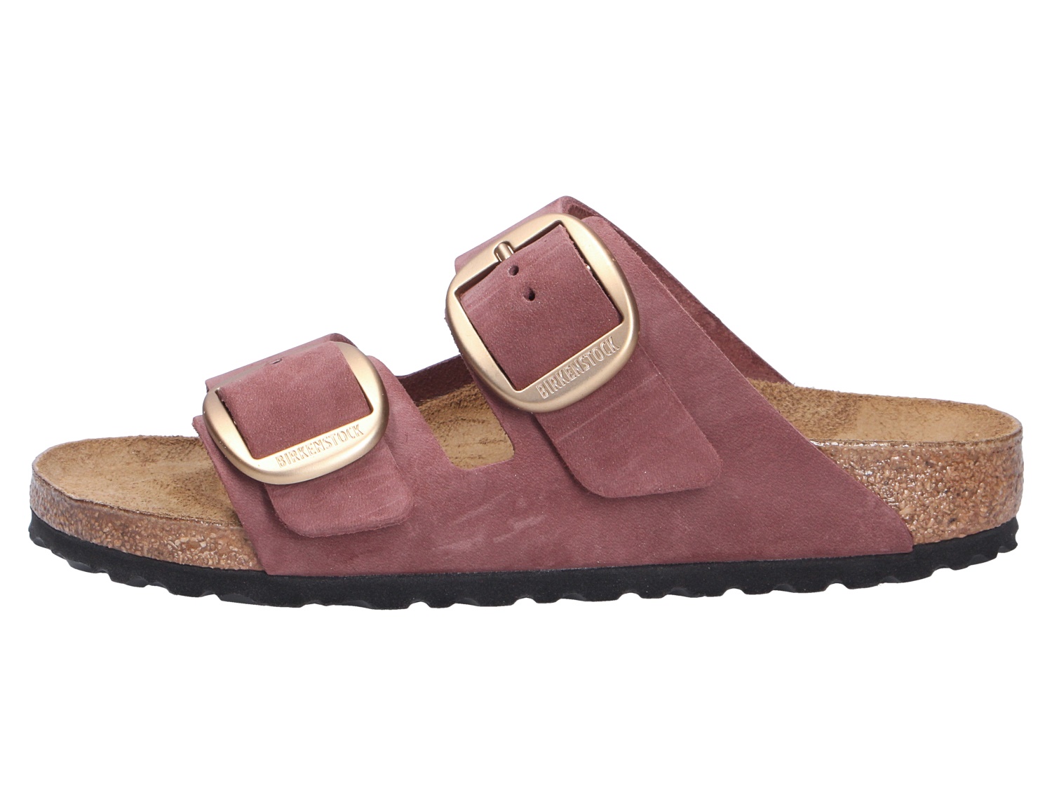 Birkenstock Arizona Big Buckle Pantolette in Altrosa, Seitenansicht mit zwei breiten Riemen, großen goldfarbenen Schnallen und Kork-Latex-Sohle