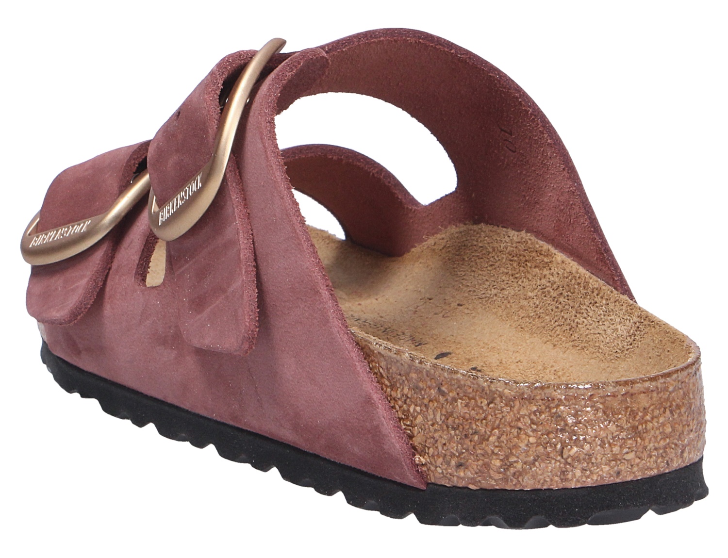 Birkenstock Arizona Big Buckle Sandale in Bordeaux, seitliche Ansicht mit zwei breiten Riemen, großen Metallschnallen und Kork-Latex-Sohle