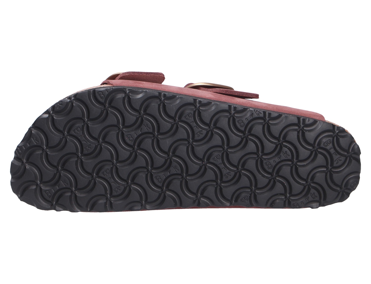Unteransicht der Birkenstock Arizona Big Buckle Sandale mit schwarzer Profilsohle und geprägtem Birkenstock-Muster