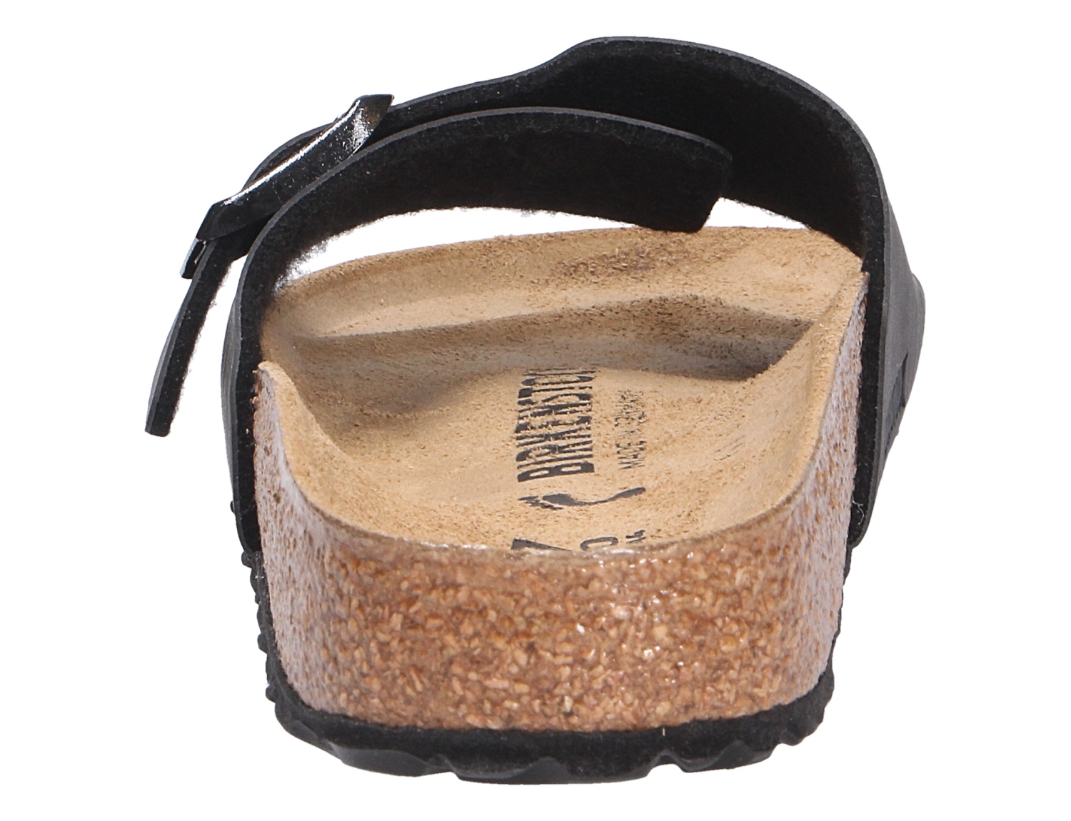 Rückansicht der schwarzen Birkenstock Catalina Pantolette mit anatomischem Kork-Latex-Fußbett, Birko-Flor-Obermaterial und breitem Riemen