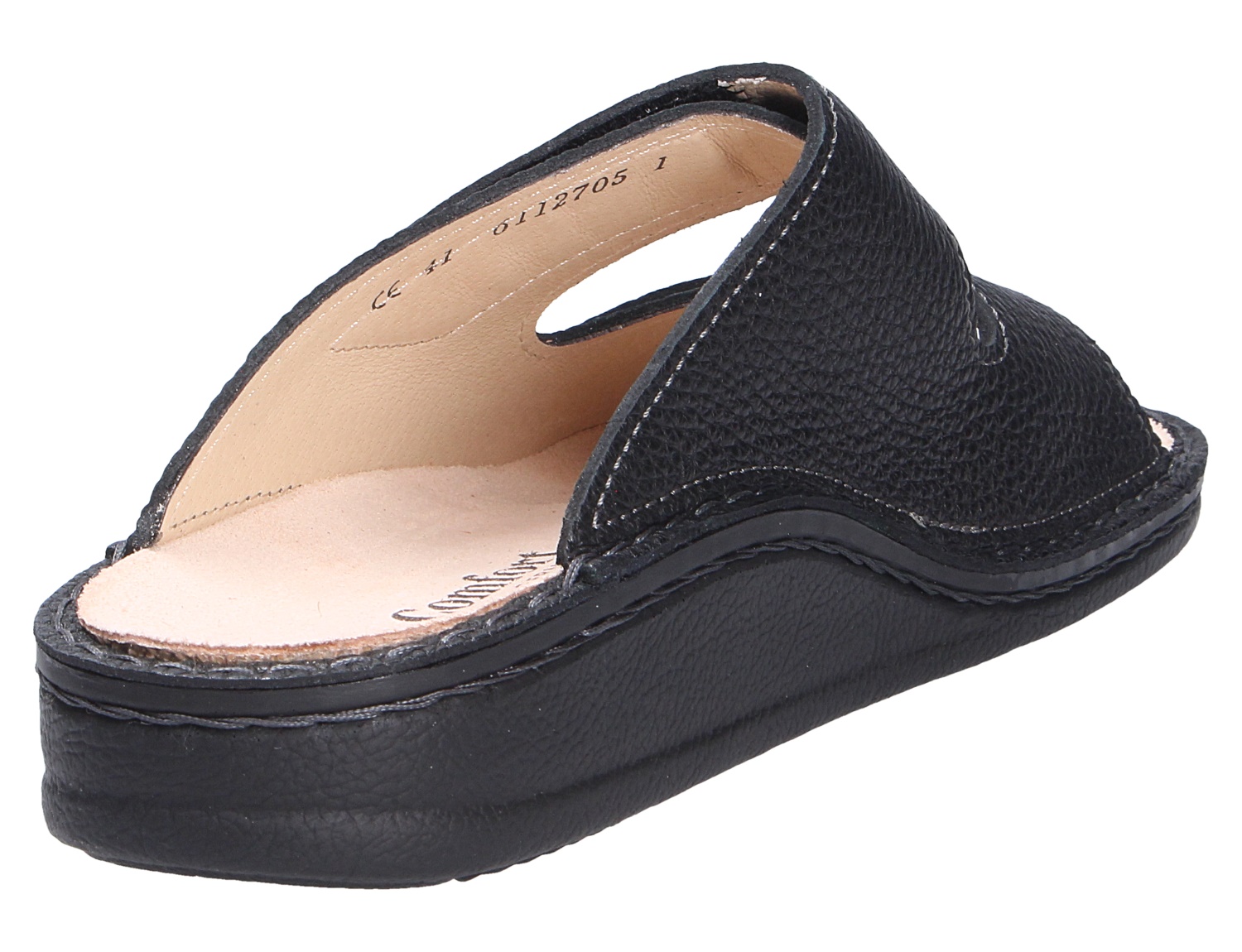 Finn Comfort Riad Damen-Pantolette in Schwarz, bequemer Leder-Hausschuh mit offener Ferse und gepolstertem Fußbett