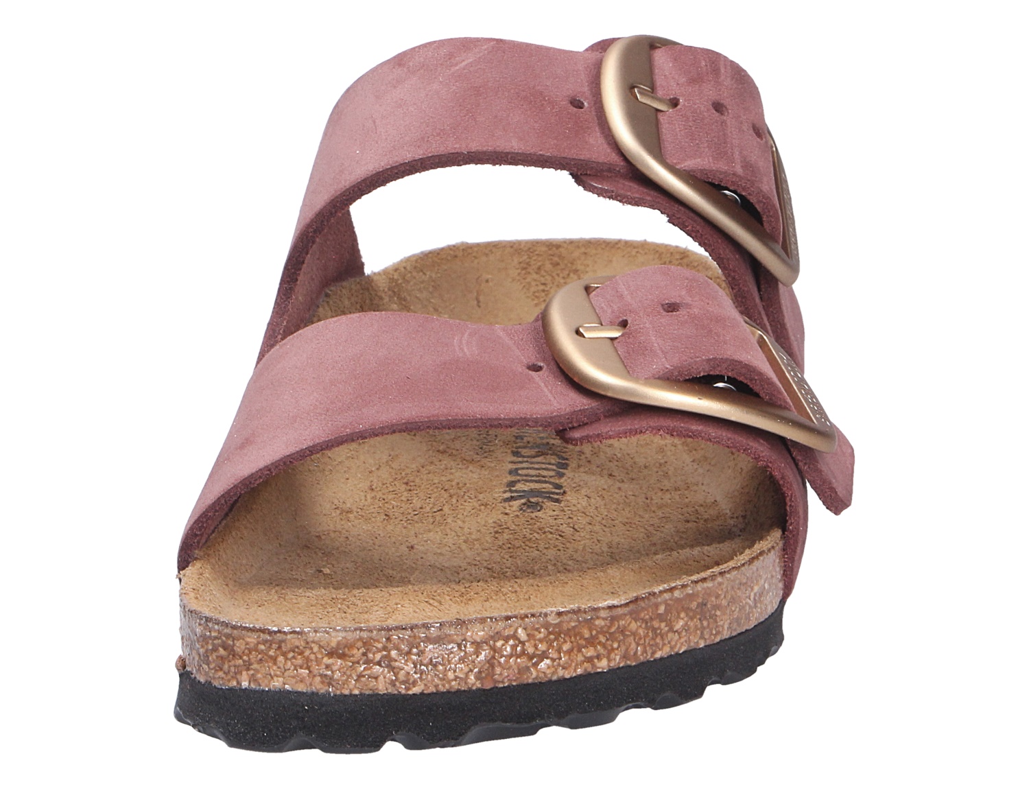 Birkenstock Arizona Big Buckle Sandale in Altrosa, Frontansicht mit zwei breiten Riemen und großen Metallschnallen
