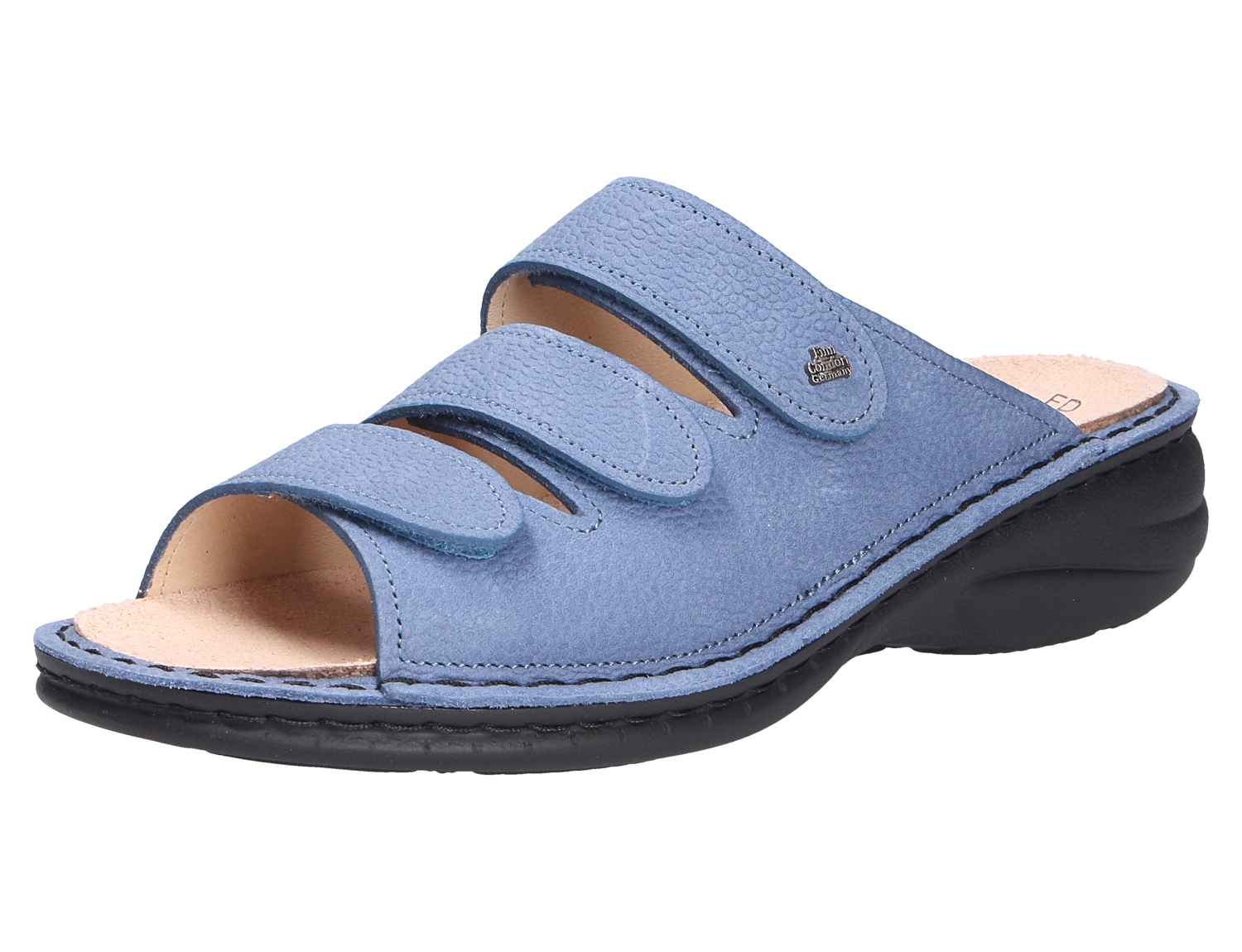 Finn Comfort HELLAS Pantolette in Blau, bequemer Damen-Hausschuh mit drei verstellbaren Klettverschlüssen und schwarzer Sohle