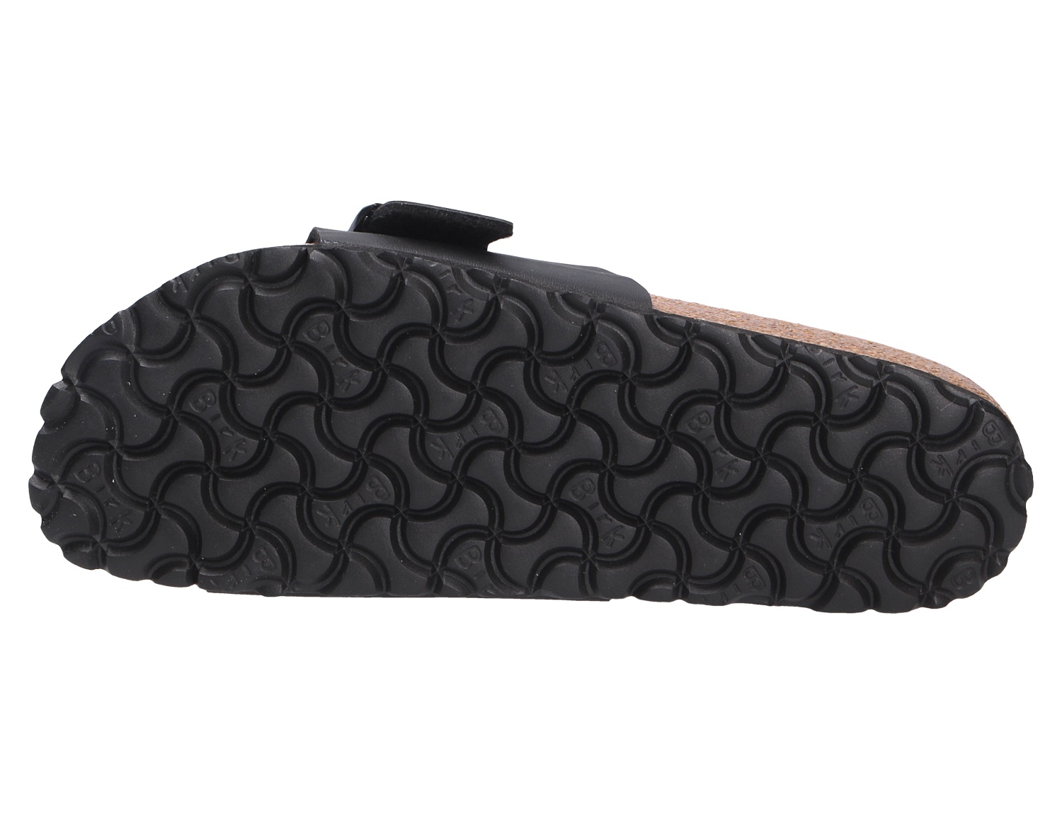 Unteransicht der Birkenstock Catalina Pantolette in Schwarz mit profilierter schwarzer Laufsohle und Birko-Flor-Obermaterial