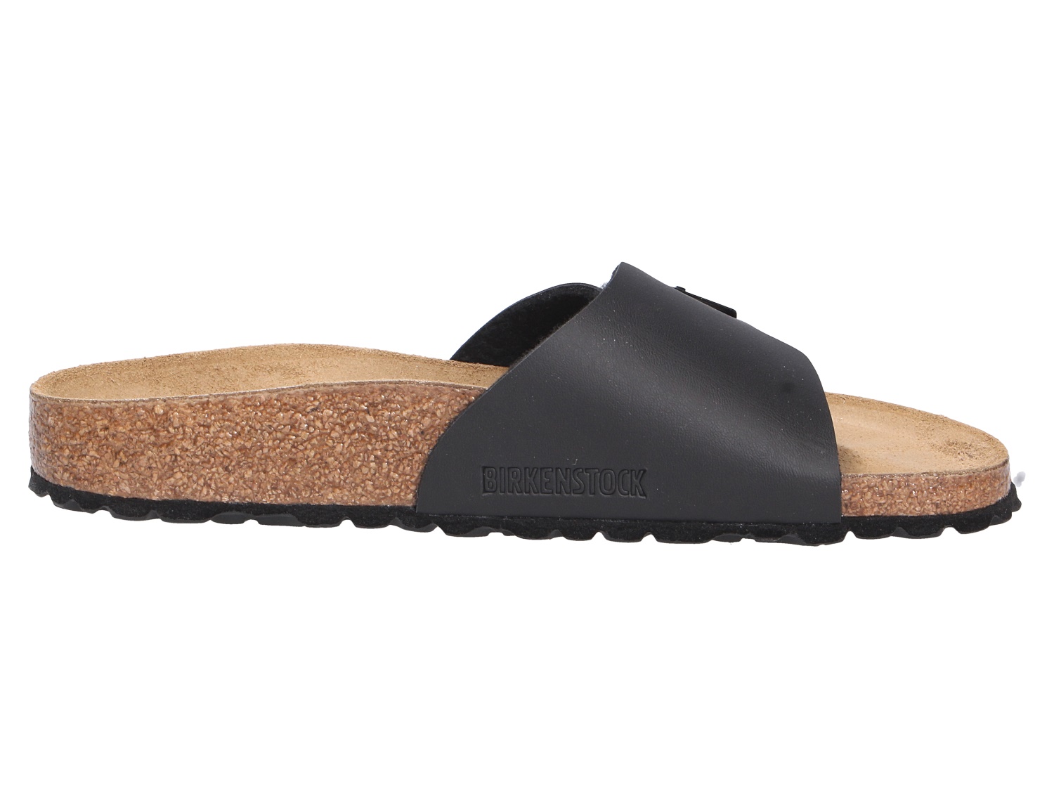 Seitenansicht der Birkenstock Catalina Pantolette in Schwarz mit breitem Birko-Flor-Riemen, anatomischem Kork-Latex-Fußbett und schwarzer Laufsohle